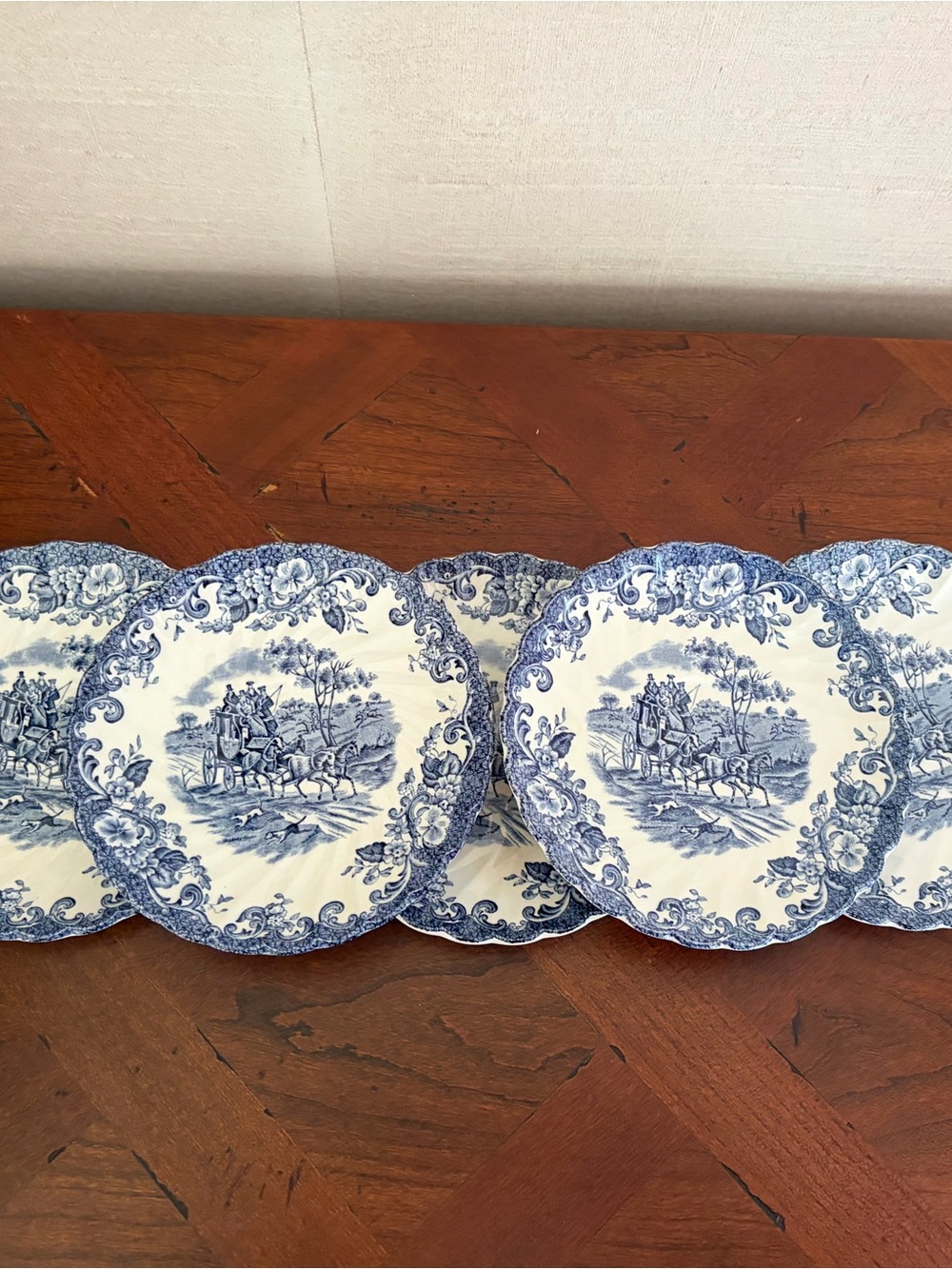 Set of 5 Vintage Johnson Bros. Coaching Scenes Hunting Country Saucers, Blue